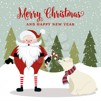 Gorgeous Christmas card with Santa and polar bear . Christmas poster. Vector