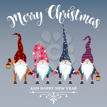Beautiful flat design Christmas card with gnomes. Christmas poster. Print. Vector