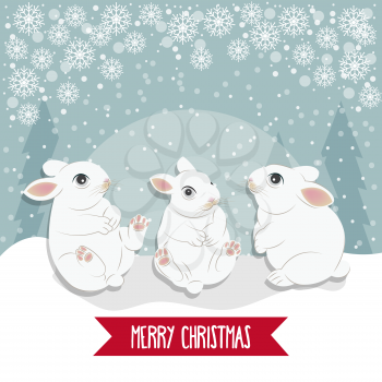 Christmas card with  rabbits. Christmas background. Flat design. Vector