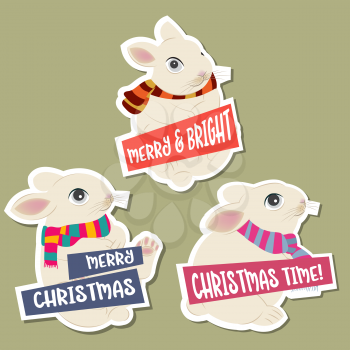 Christmas stickers collection with rabbits and wishes. Flat design. Vector