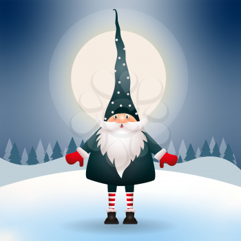Cute gnome in the Christmas night. Christmas scene. Vector