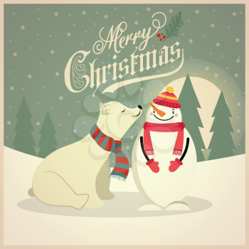 Beautiful retro Christmas card with polar bear and snowman. Flat design. Vector