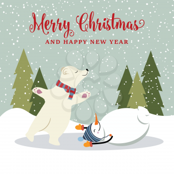 Beautiful retro flat design Christmas card with snowman and polar bear skating on ice . Christmas poster. Vector