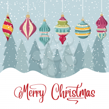 Christmas card with balls and wishes. Christmas background. Flat design. Vector