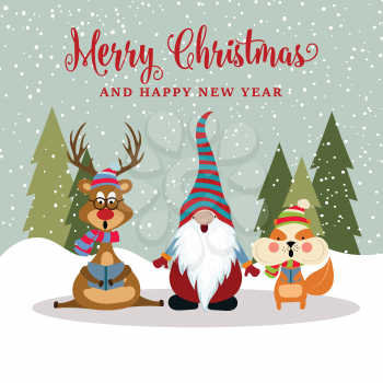 Flat design Christmas card with reindeer, squirrel and gnome . Christmas poster. Vector