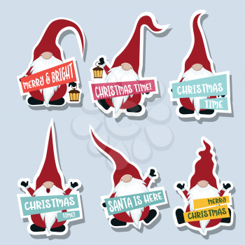 Christmas stickers collection with gnomes. Flat design