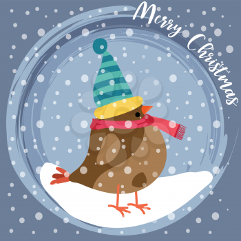 Christmas card with cute dressed bird. Flat design. Vector