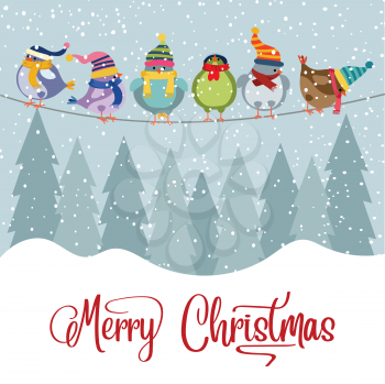 Christmas card with birds. Christmas background. Flat design. Vector