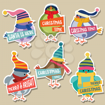 Christmas stickers collection with birds. Flat design