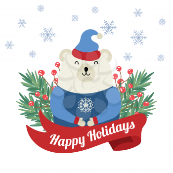 Christmas card with tree branches and polar bear. Flat design. 