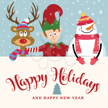 Christmas card with elf, snowman and reindeer. Flat design, Wishes