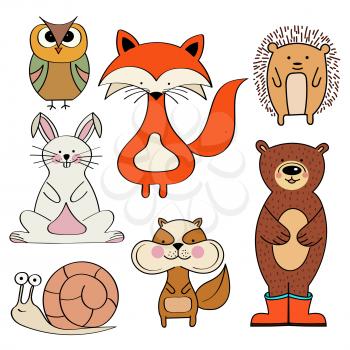 Forest animals collection, fox, bunny, bear, snail, owl, squirrel, hedgehog,  isolated on white background