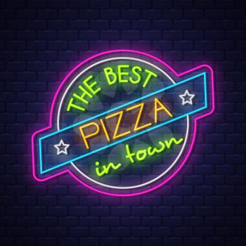 Pizza - Neon Sign Vector. Pizza neon sign on brick wall background, design element, light banner, announcement neon signboard, night advensing. Vector Illustration