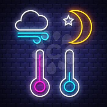 Weather neon signs collection.  Weather signs. Neon signs. Vector