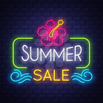 Summer sale banner. Neon sign lettering. Vector