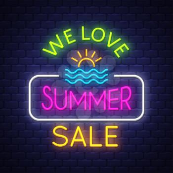 Summer sale banner. Neon sign lettering. Vector