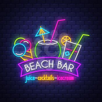Beach bar. Summer holiday banner. Neon banner. Neon sign. Vector.