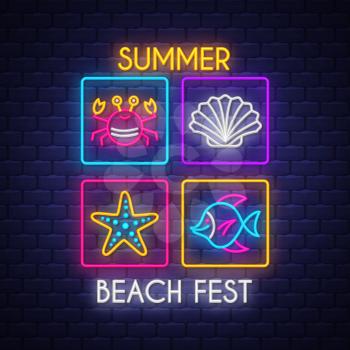 Summer beach fest. Summer holiday banner. Neon banner. Neon sign. Vector.