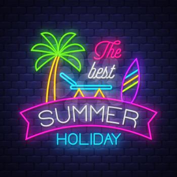 Summer holiday banner. Neon banner. Neon sign. Vector.
