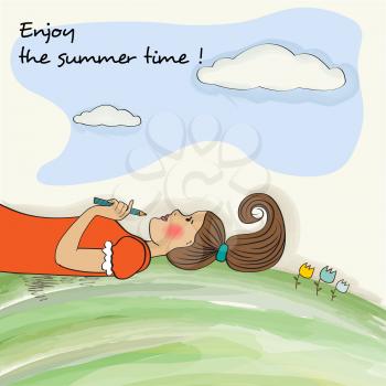 Romantic  girl enjoy the summer time. Watercolor banner
