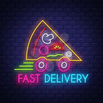 Pizza fast delivery - Neon Sign Vector. Pizza fast delivery - neon sign on brick wall background, design element, light banner, announcement neon signboard, night advensing. Vector Illustration