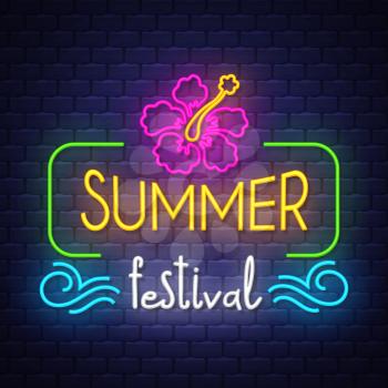 Summer festival. Summer holiday banner. Neon banner. Neon sign. Vector.
