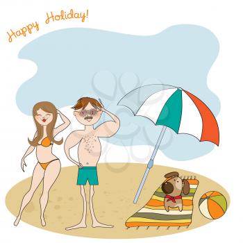 Funny couple on the beach. Summer holiday scene