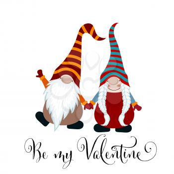 Valentine's day card with gnomes couple in love, scandinavian card