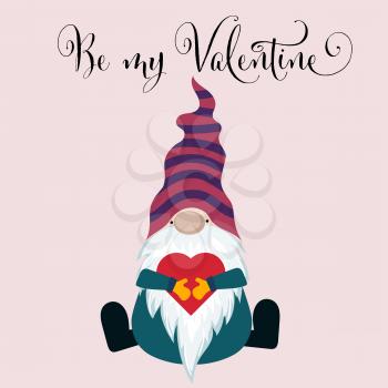 Valentine's day card with gnome. Scandinavian flat design