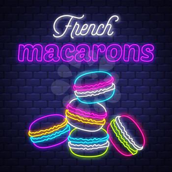 French macarons - Neon Sign Vector. French macarons - neon sign on brick wall background, design element, light banner, announcement neon signboard, night advensing. Vector Illustration.