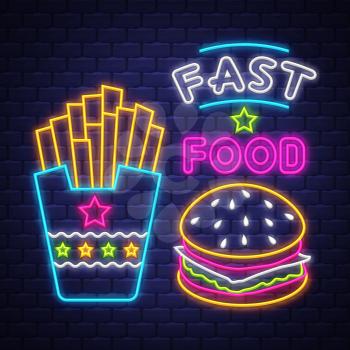 Fast Food - Neon Sign Vector. Fast Food - neon sign on brick wall background, design element, light banner, announcement neon signboard, night advensing. Vector Illustration.
