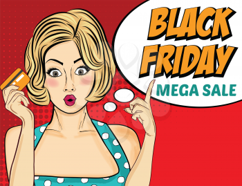 Black friday banner with pin-up girl. Retro style. Vector