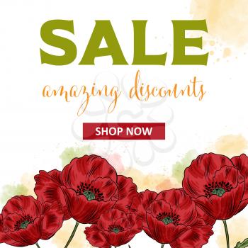 Sale banner template with poppies. Sales ad template for the web site, social media, shop, flyer and more.