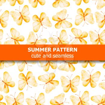 Watercolor pattern with yellow butterflie. Summer banner. Vector