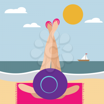 minimalist portrait of woman at beach. Summer banner. Beach scene