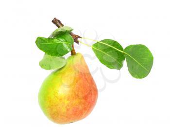 Single pear with stem and green leaf. Isolated over white.