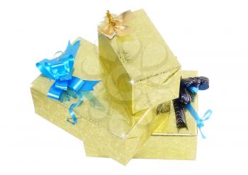 Pile of Christmas and New Year gift boxes. Isolated over white background