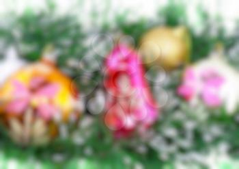 Christmas and New Year decoration- glass balls, green tinsel . Close-Up. On white background, isolated.