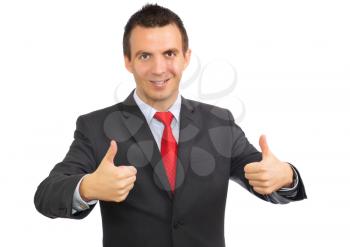 Cheerful businessman gesture show OK!  Isolated over white.