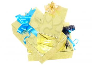 Pile of Christmas and New Year gift boxes. Isolated over white background