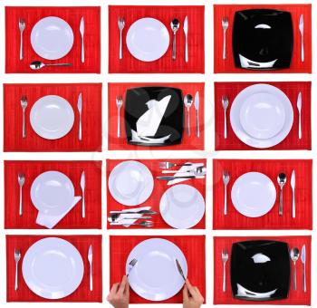 Composition of forks, knifes, spoons on red background.