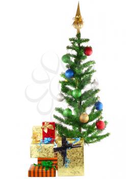Fragment of Christmas and New Year Tree with gift boxes. Isolated over white background.