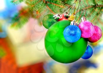 Christmas and New Year decoration-balls on fir tree.