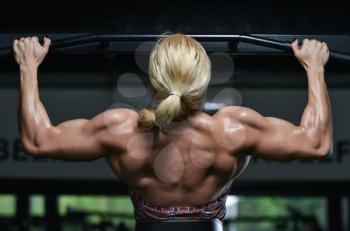 Female Bodybuilder Doing Heavy Weight Exercise For Back In Gym