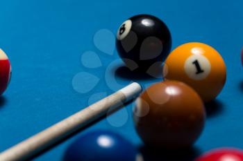 Pool Table With Balls And Cue Stick