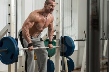 Healthy Male Doing Back Exercises In The Gym With Barbell