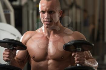 Bodybuilder Working Out Biceps In A Health Club