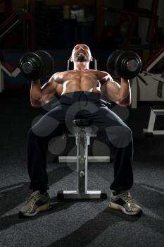 Mature Men Doing Dumbbell Incline Bench Press Workout In Gym