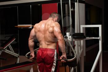 Male Bodybuilder Doing Heavy Weight Exercise For Trapezius