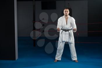 Young Man Practicing His Karate Moves - White Kimono - Black Belt